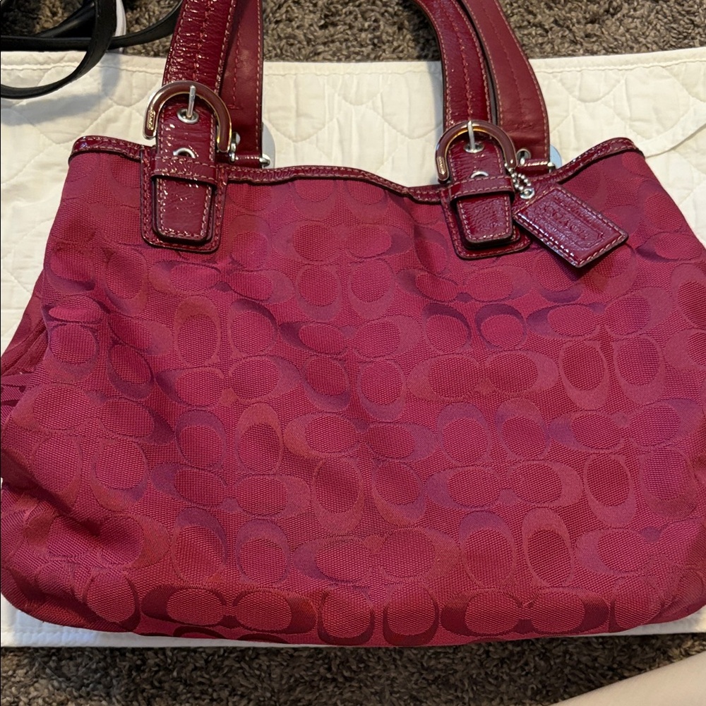Vintage Coach F17401 Red Monogram Tote Shoulder Bag